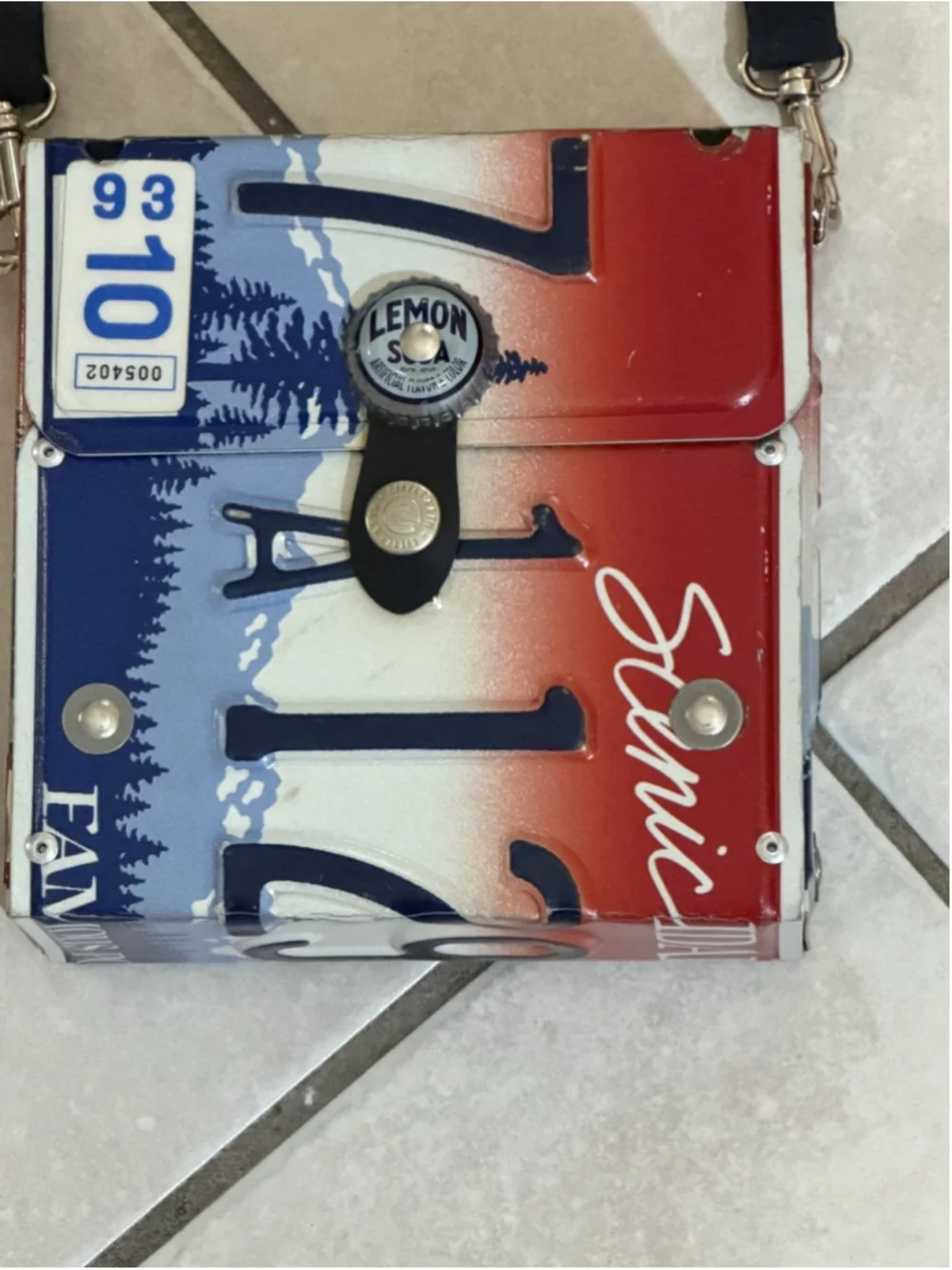 LITTLE EARTH IDAHO LICENSE METAL PLACE SQUARE BAG RARE 90 VINTAGE